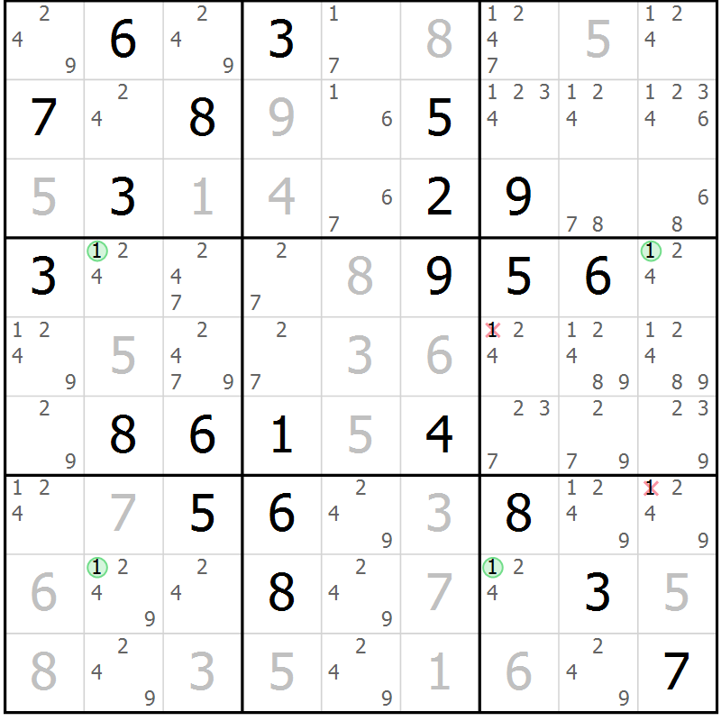 Position des candidats pour la solution de la Gr 81 page 84 du magazine de sudoku Maestro n° 085