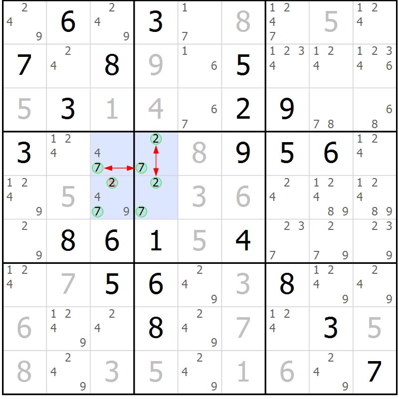 Position des candidats pour la solution de la Gr 81 page 84 du magazine de sudoku Maestro n° 085