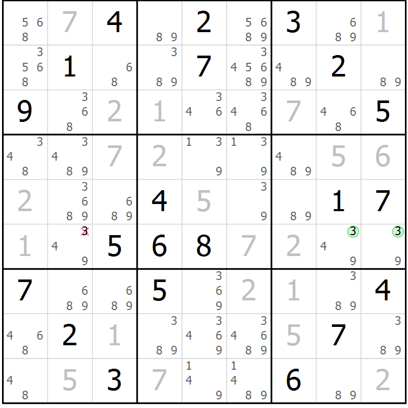 Position des candidats pour la solution de la Gr 82 page 85 du magazine de sudoku Maestro n° 085