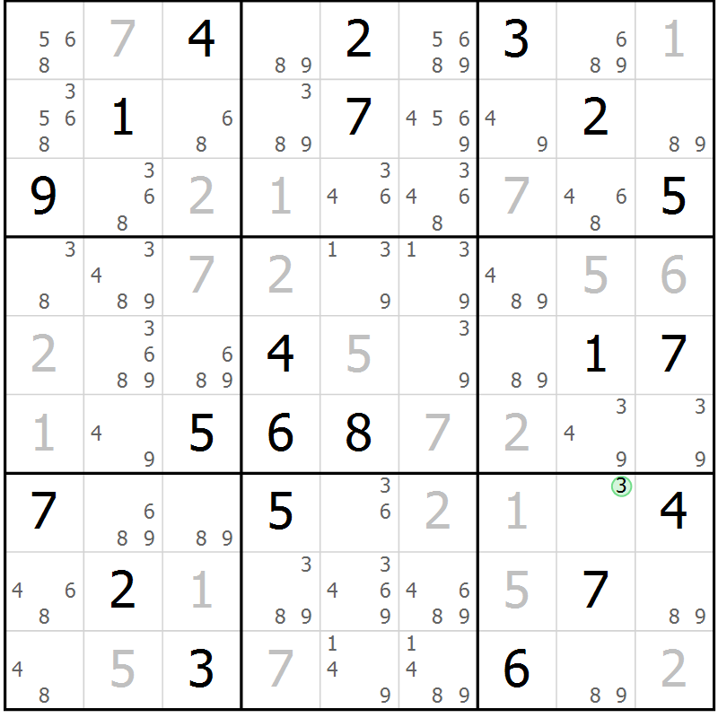 Position des candidats pour la solution de la Gr 82 page 85 du magazine de sudoku Maestro n° 085