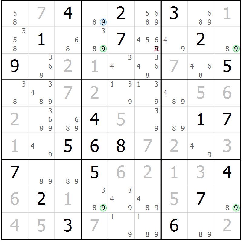 Position des candidats pour la solution de la Gr 82 page 85 du magazine de sudoku Maestro n° 085