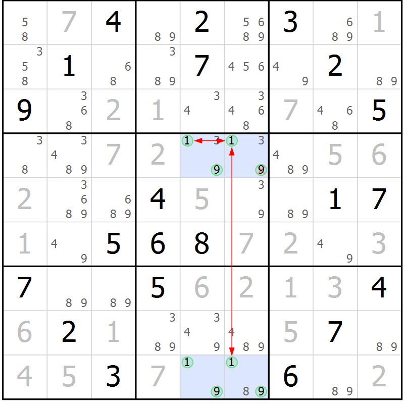 Position des candidats pour la solution de la Gr 82 page 85 du magazine de sudoku Maestro n° 085