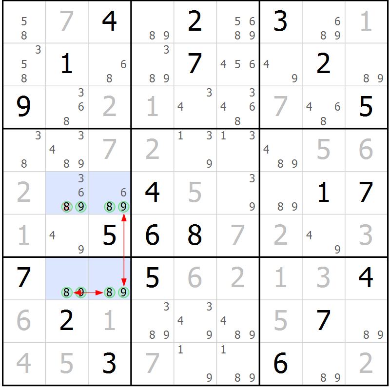 Position des candidats pour la solution de la Gr 82 page 85 du magazine de sudoku Maestro n° 085