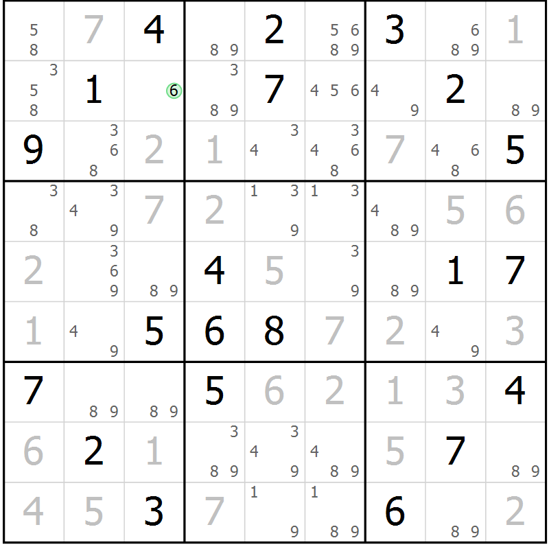 Position des candidats pour la solution de la Gr 82 page 85 du magazine de sudoku Maestro n° 085
