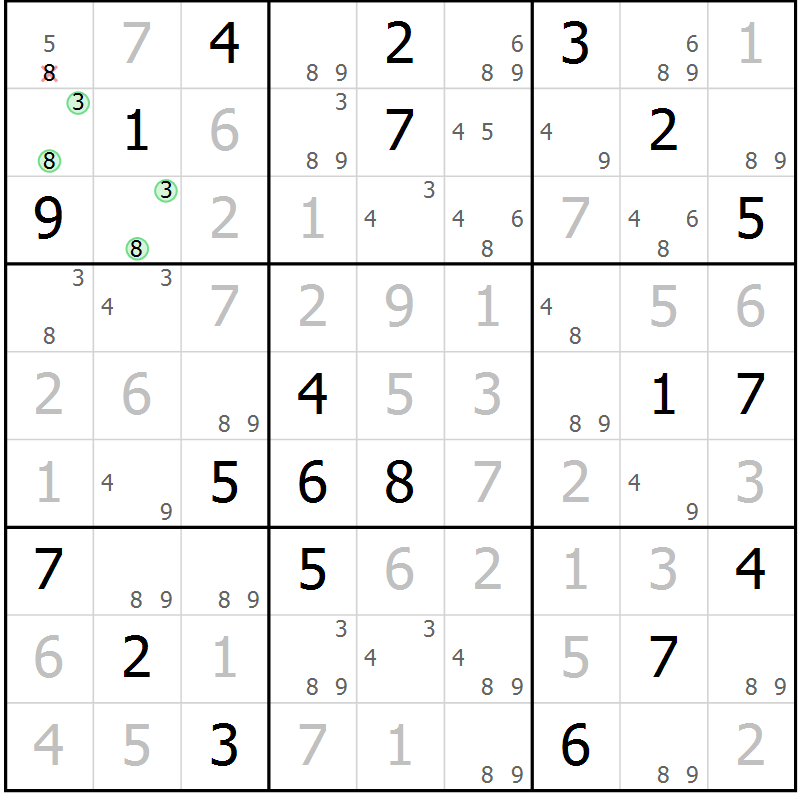 Position des candidats pour la solution de la Gr 82 page 85 du magazine de sudoku Maestro n° 085