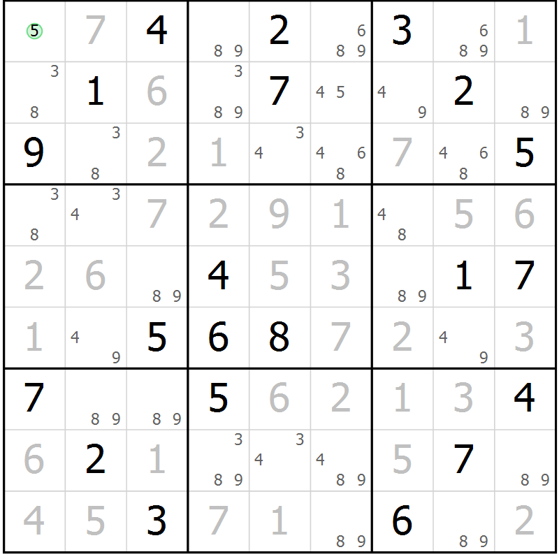 Position des candidats pour la solution de la Gr 82 page 85 du magazine de sudoku Maestro n° 085