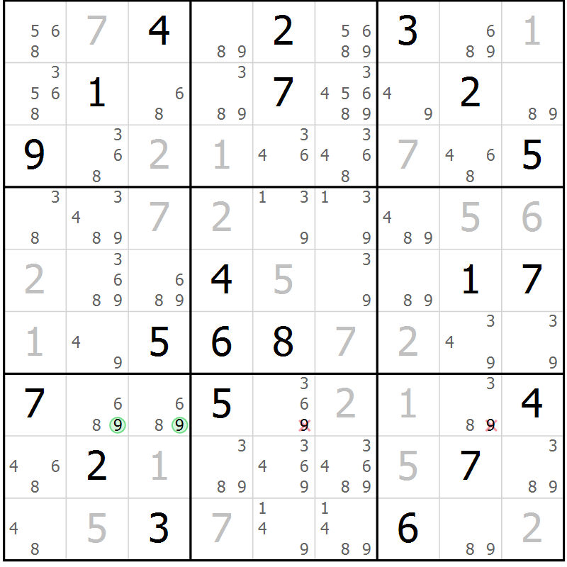 Position des candidats pour la solution de la Gr 82 page 85 du magazine de sudoku Maestro n° 085