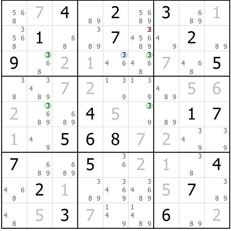 Position des candidats pour la solution de la Gr 82 page 85 du magazine de sudoku Maestro n° 085