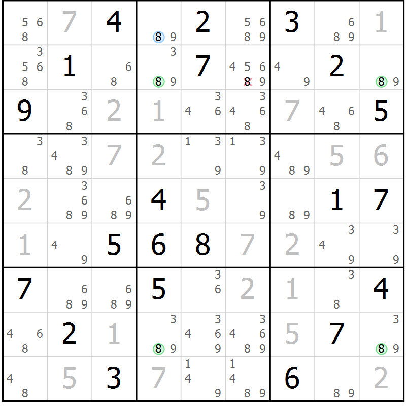 Position des candidats pour la solution de la Gr 82 page 85 du magazine de sudoku Maestro n° 085
