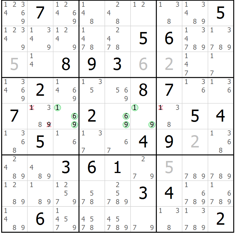 Position des candidats pour la solution de la Gr 83 page 86 du magazine de sudoku Maestro n° 085