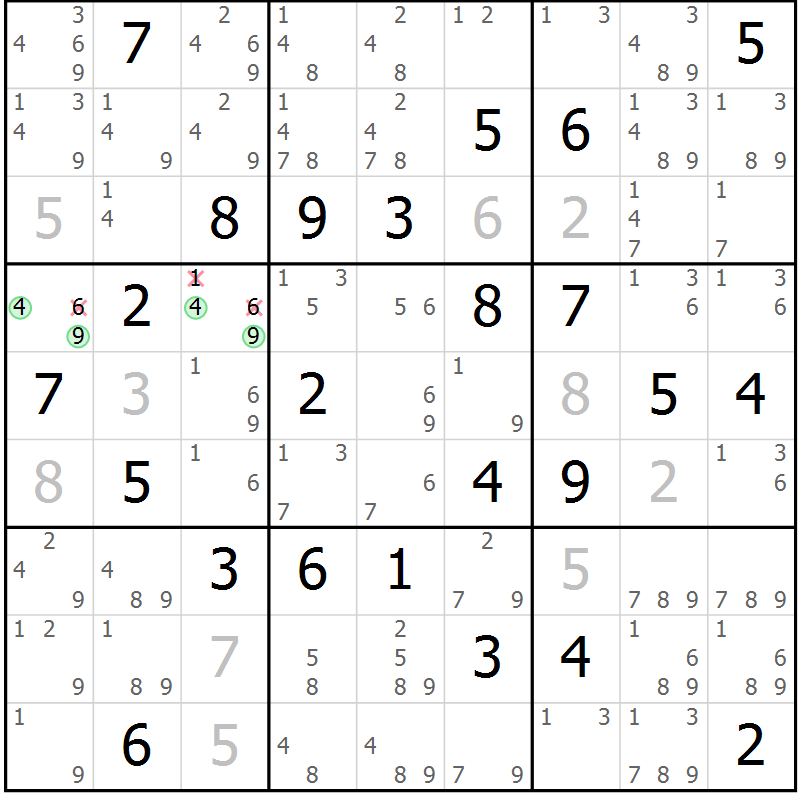 Position des candidats pour la solution de la Gr 83 page 86 du magazine de sudoku Maestro n° 085