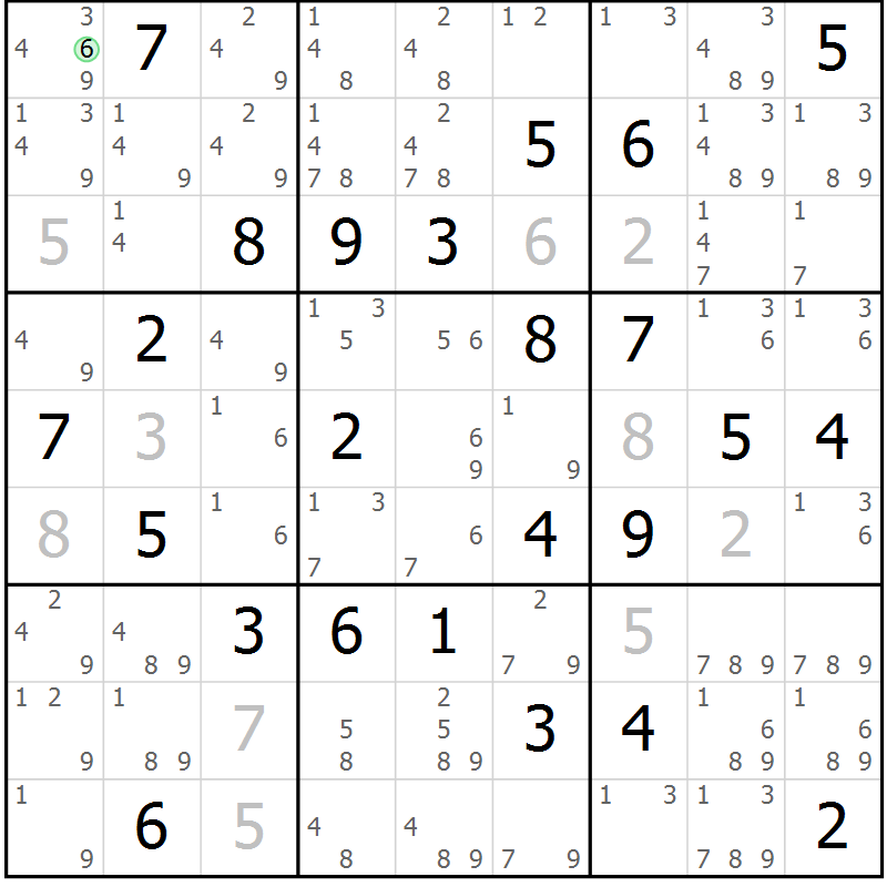 Position des candidats pour la solution de la Gr 83 page 86 du magazine de sudoku Maestro n° 085