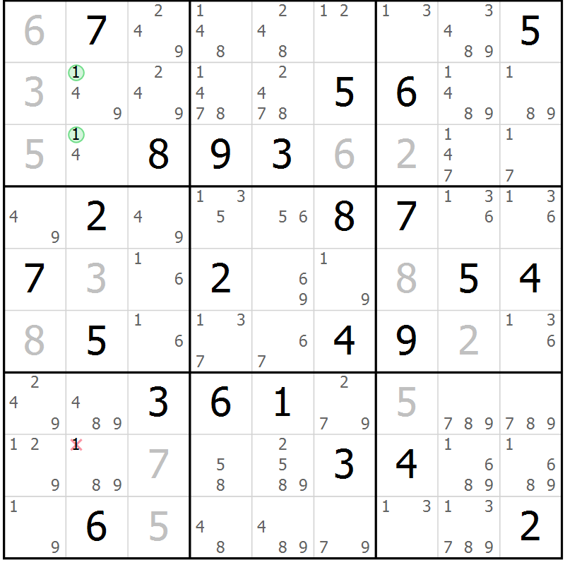 Position des candidats pour la solution de la Gr 83 page 86 du magazine de sudoku Maestro n° 085