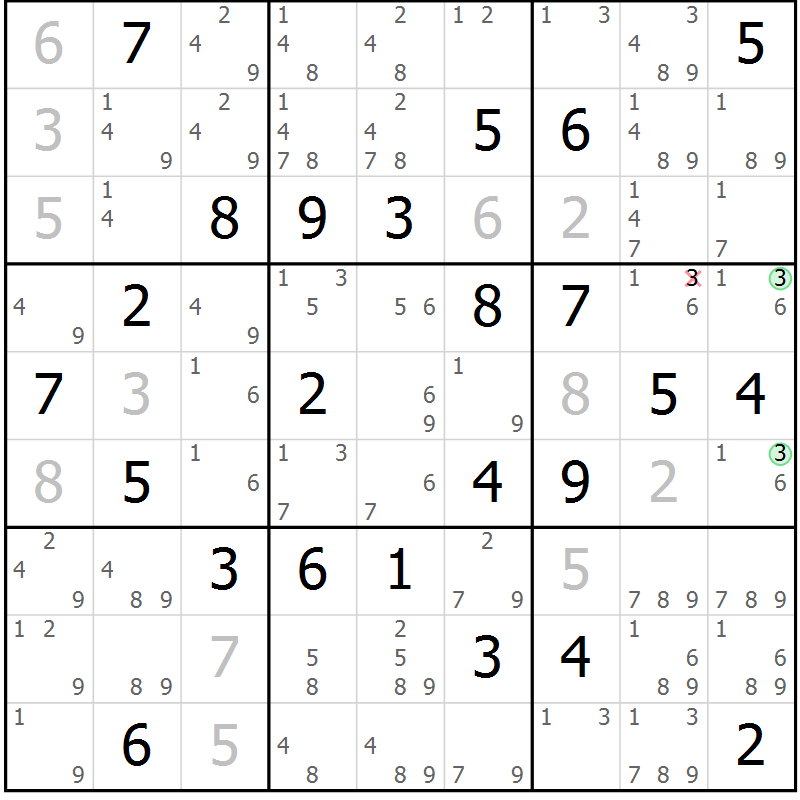 Position des candidats pour la solution de la Gr 83 page 86 du magazine de sudoku Maestro n° 085