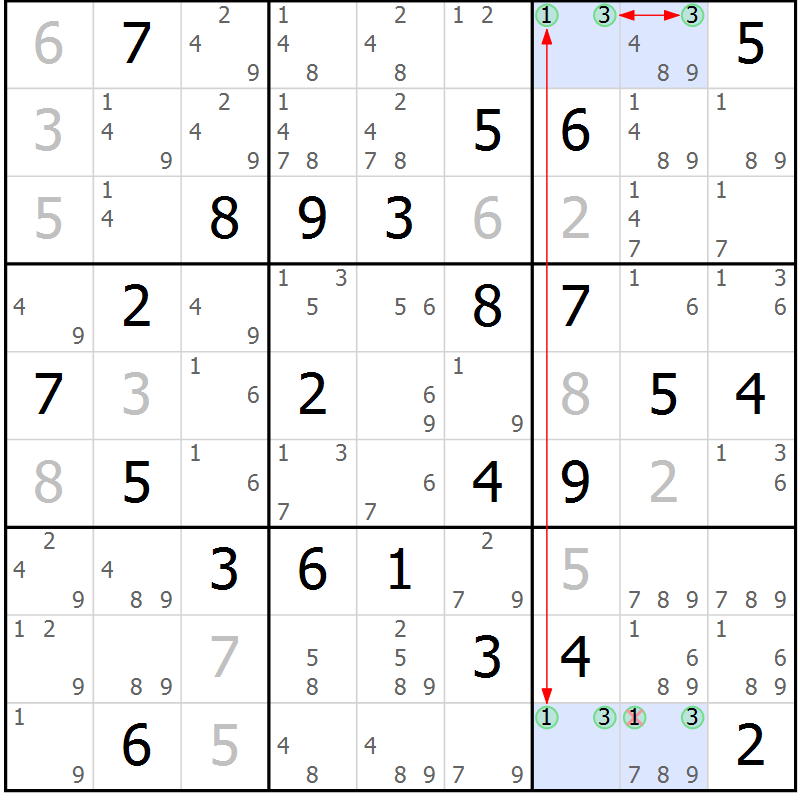 Position des candidats pour la solution de la Gr 83 page 86 du magazine de sudoku Maestro n° 085