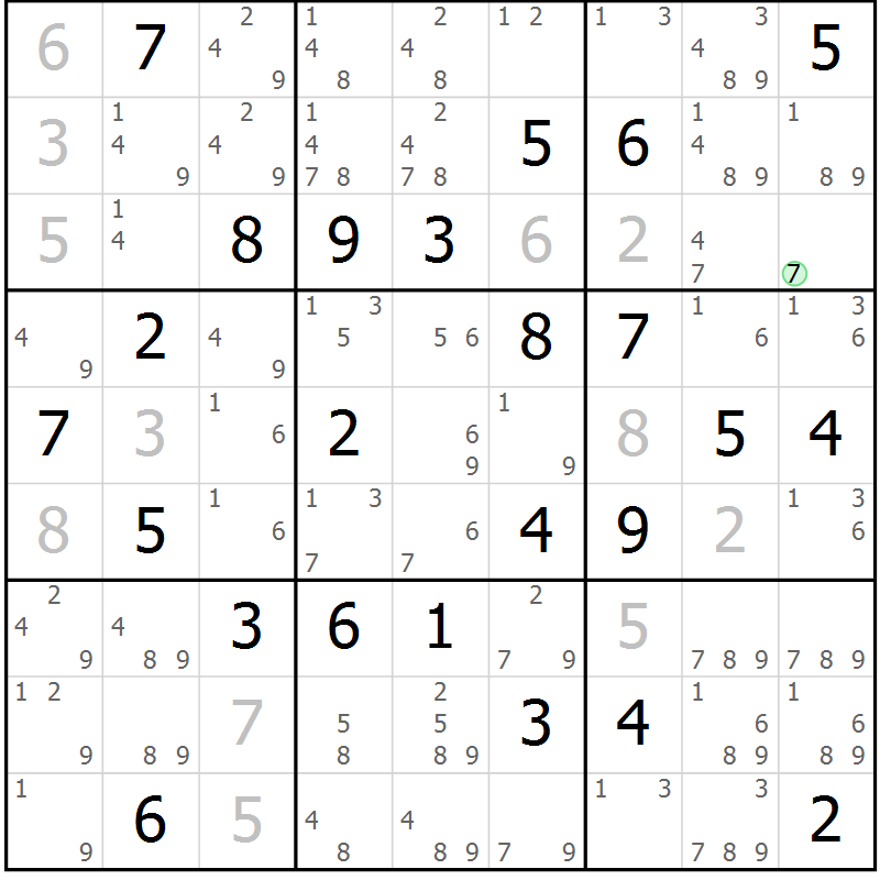 Position des candidats pour la solution de la Gr 83 page 86 du magazine de sudoku Maestro n° 085