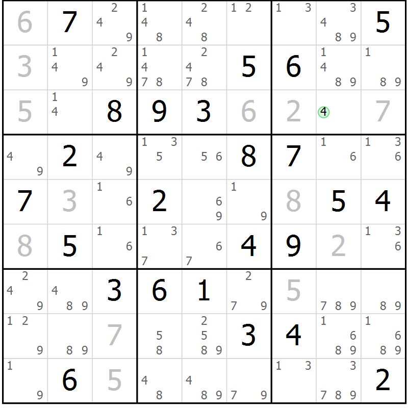 Position des candidats pour la solution de la Gr 83 page 86 du magazine de sudoku Maestro n° 085
