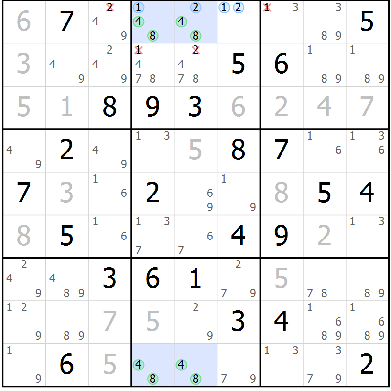 Position des candidats pour la solution de la Gr 83 page 86 du magazine de sudoku Maestro n° 085