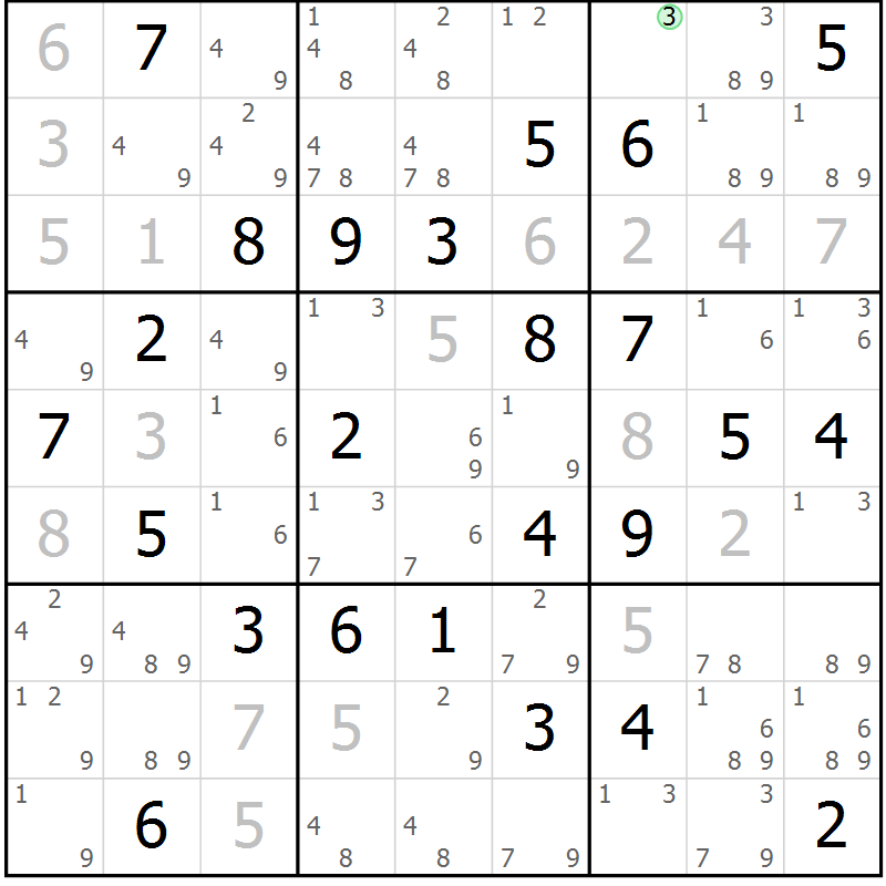 Position des candidats pour la solution de la Gr 83 page 86 du magazine de sudoku Maestro n° 085