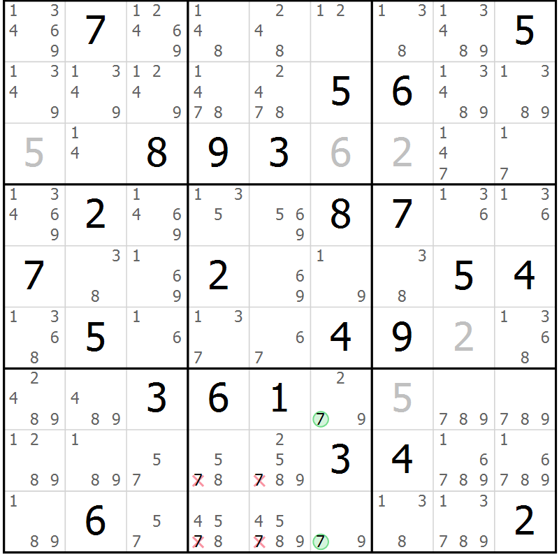 Position des candidats pour la solution de la Gr 83 page 86 du magazine de sudoku Maestro n° 085