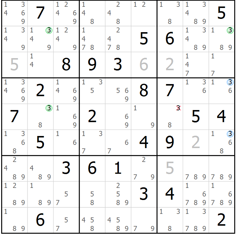 Position des candidats pour la solution de la Gr 83 page 86 du magazine de sudoku Maestro n° 085