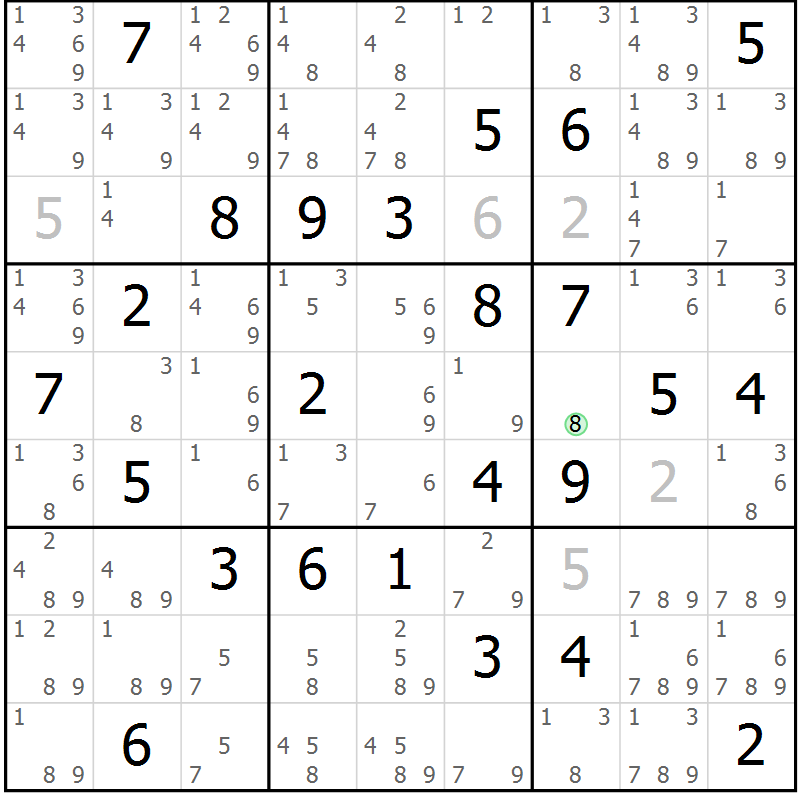 Position des candidats pour la solution de la Gr 83 page 86 du magazine de sudoku Maestro n° 085
