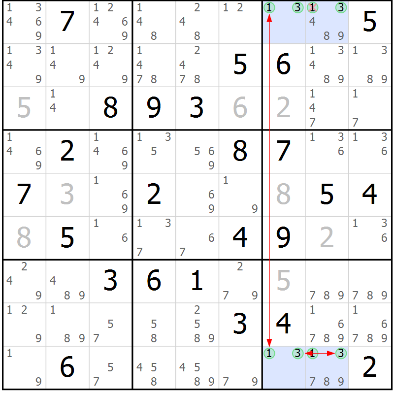 Position des candidats pour la solution de la Gr 83 page 86 du magazine de sudoku Maestro n° 085