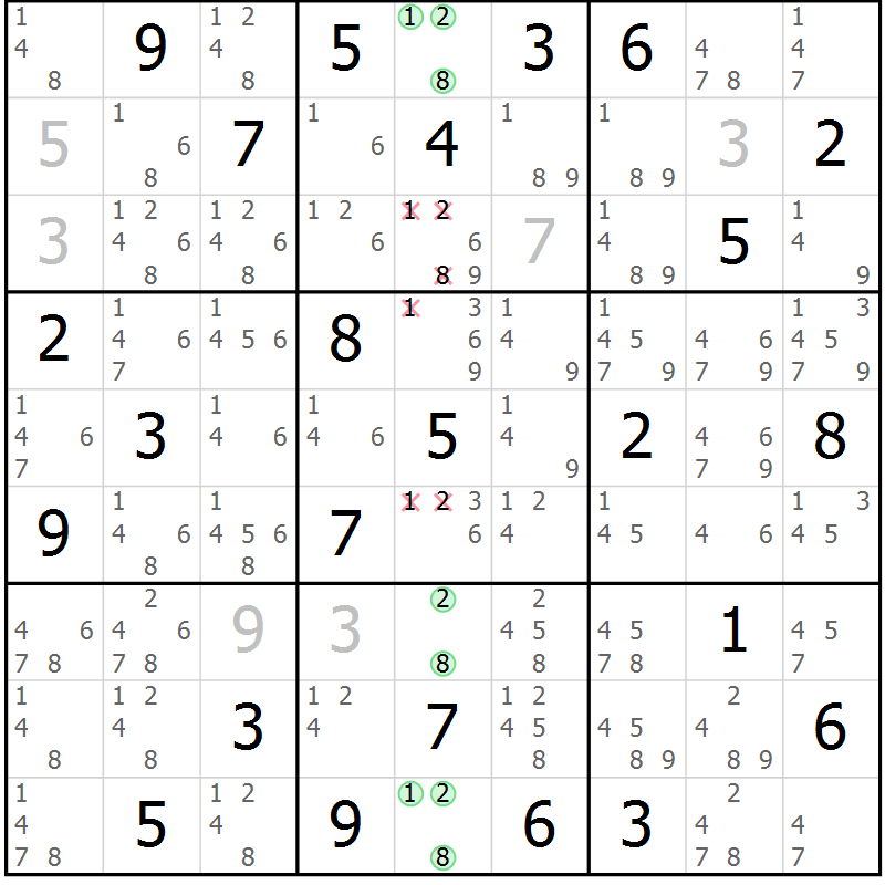 Position des candidats pour la solution de la Gr 84 page 87 du magazine de sudoku Maestro n° 085