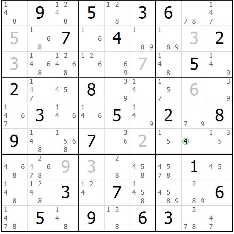 Position des candidats pour la solution de la Gr 84 page 87 du magazine de sudoku Maestro n° 085