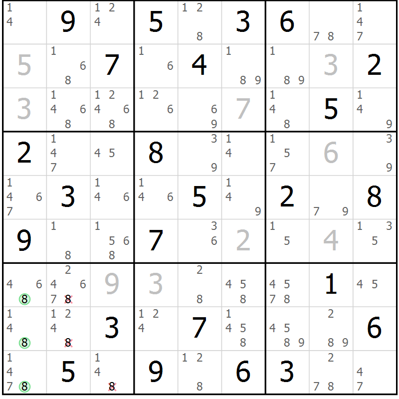 Position des candidats pour la solution de la Gr 84 page 87 du magazine de sudoku Maestro n° 085