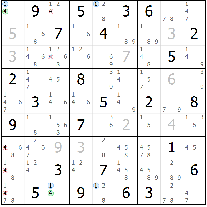 Position des candidats pour la solution de la Gr 84 page 87 du magazine de sudoku Maestro n° 085