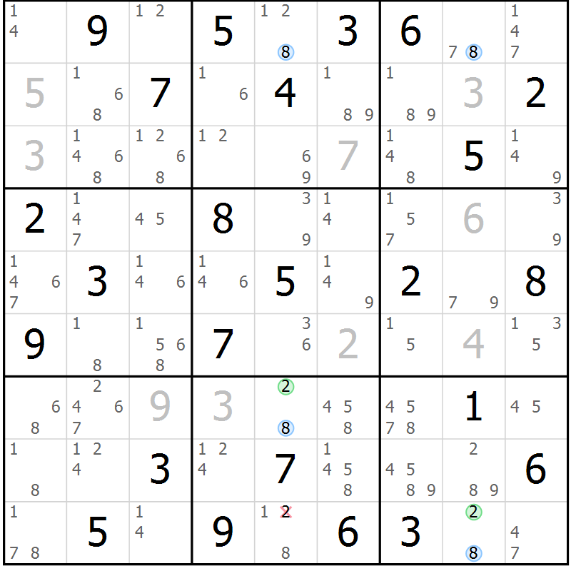 Position des candidats pour la solution de la Gr 84 page 87 du magazine de sudoku Maestro n° 085