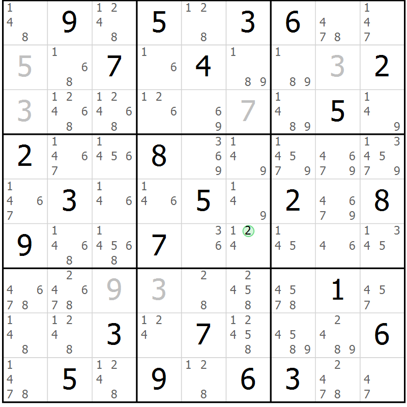 Position des candidats pour la solution de la Gr 84 page 87 du magazine de sudoku Maestro n° 085