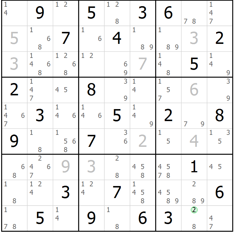 Position des candidats pour la solution de la Gr 84 page 87 du magazine de sudoku Maestro n° 085