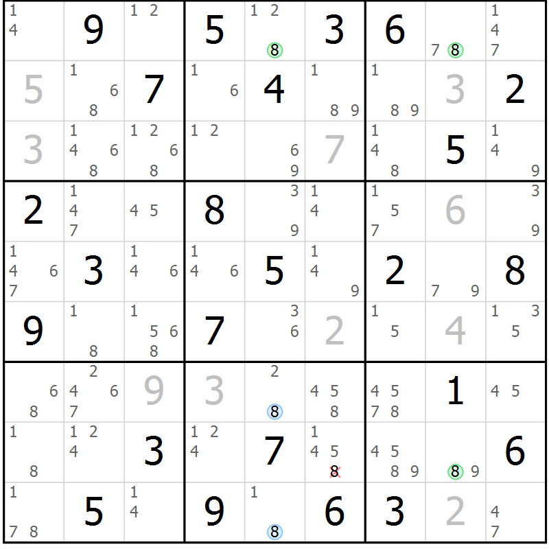 Position des candidats pour la solution de la Gr 84 page 87 du magazine de sudoku Maestro n° 085