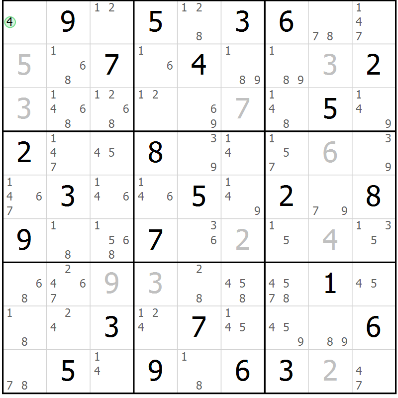 Position des candidats pour la solution de la Gr 84 page 87 du magazine de sudoku Maestro n° 085