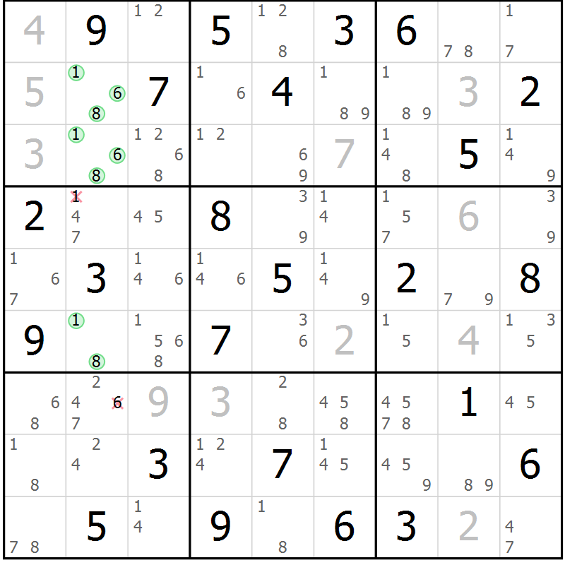 Position des candidats pour la solution de la Gr 84 page 87 du magazine de sudoku Maestro n° 085