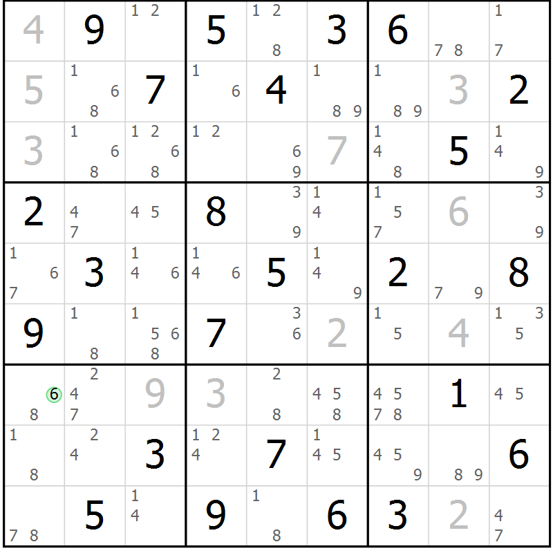 Position des candidats pour la solution de la Gr 84 page 87 du magazine de sudoku Maestro n° 085