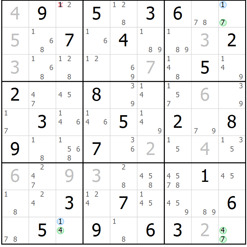 Position des candidats pour la solution de la Gr 84 page 87 du magazine de sudoku Maestro n° 085