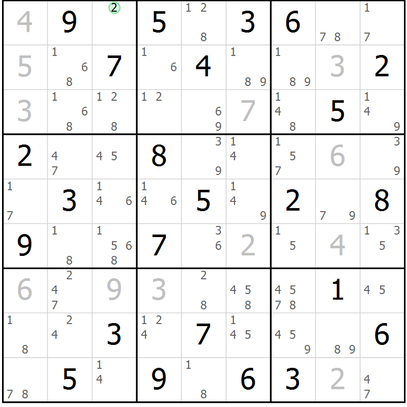 Position des candidats pour la solution de la Gr 84 page 87 du magazine de sudoku Maestro n° 085