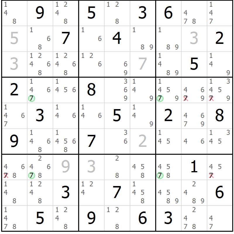 Position des candidats pour la solution de la Gr 84 page 87 du magazine de sudoku Maestro n° 085