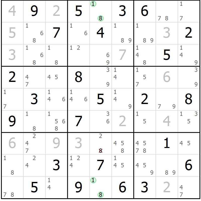 Position des candidats pour la solution de la Gr 84 page 87 du magazine de sudoku Maestro n° 085