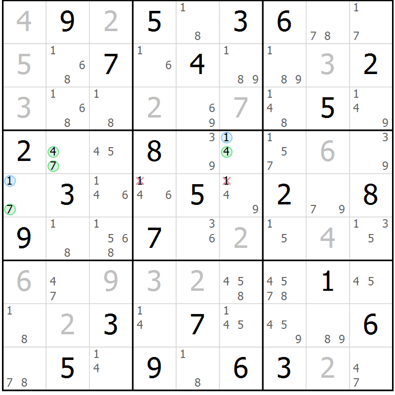 Position des candidats pour la solution de la Gr 84 page 87 du magazine de sudoku Maestro n° 085