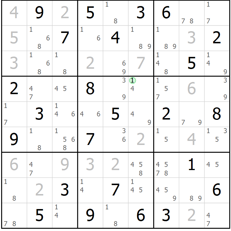 Position des candidats pour la solution de la Gr 84 page 87 du magazine de sudoku Maestro n° 085