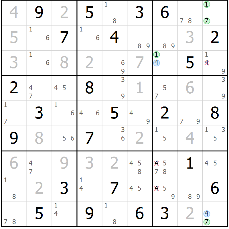 Position des candidats pour la solution de la Gr 84 page 87 du magazine de sudoku Maestro n° 085