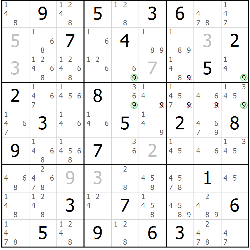 Position des candidats pour la solution de la Gr 84 page 87 du magazine de sudoku Maestro n° 085