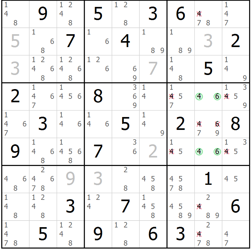 Position des candidats pour la solution de la Gr 84 page 87 du magazine de sudoku Maestro n° 085