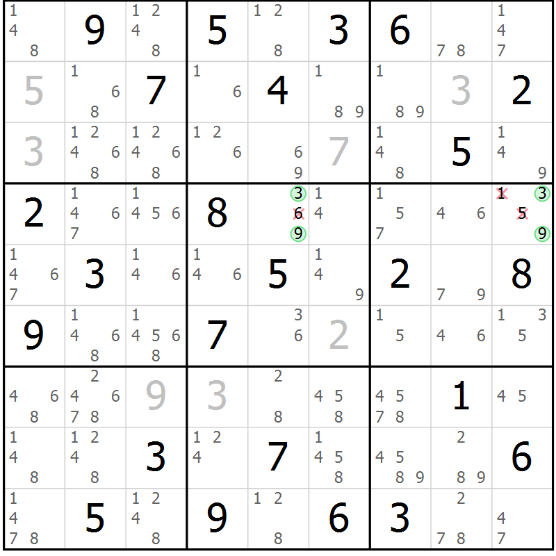 Position des candidats pour la solution de la Gr 84 page 87 du magazine de sudoku Maestro n° 085