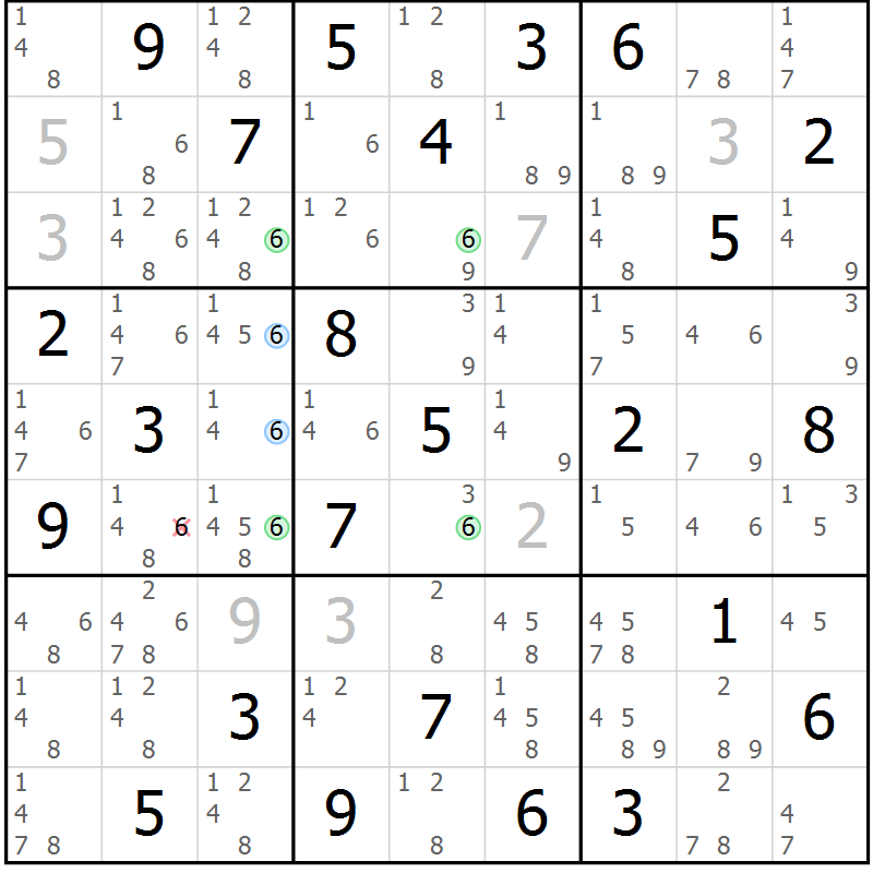 Position des candidats pour la solution de la Gr 84 page 87 du magazine de sudoku Maestro n° 085