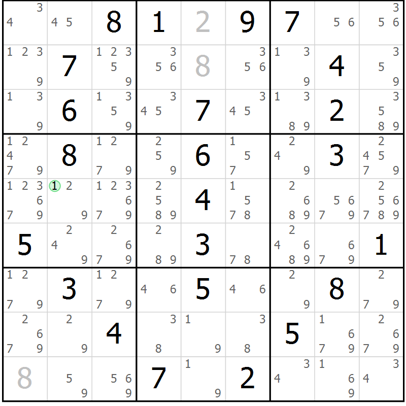 Position des candidats pour la solution de la Gr 9 page 12 du magazine de sudoku Maestro n° 085